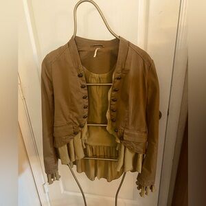 Free People Ruffles Romance Jacket XS Military Peplum Mustard Boho Chiffon